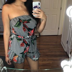 Birds of paradise strapless striped romper
